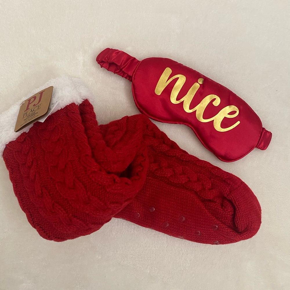 Red Knit Slipper Socks with  Nice/Naughty Sleep Mask